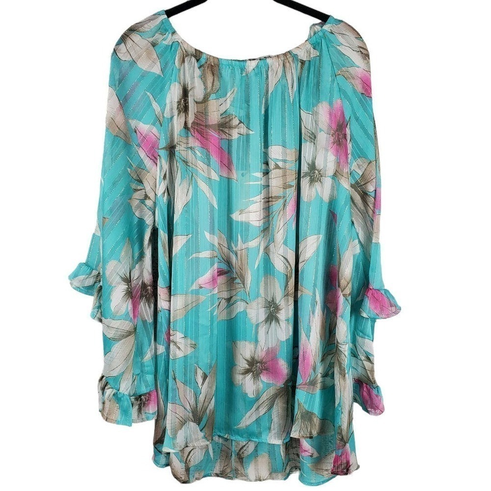 Easel Los Angelese Teal Floral Tunic Ruffle Sleeves Blouse Top Size Large NEW